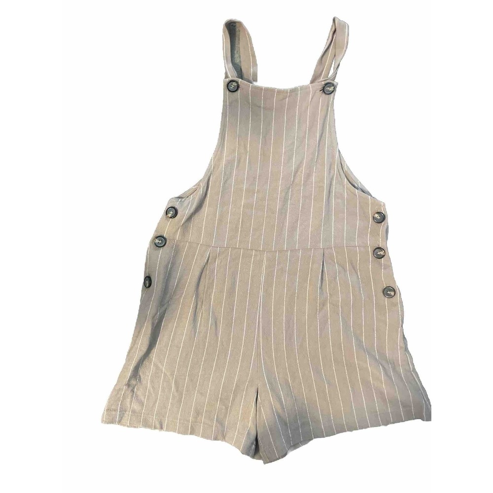 URBAN Romantics Striped Button Side Overall Shorts Jumpsuit Tan White Size S
